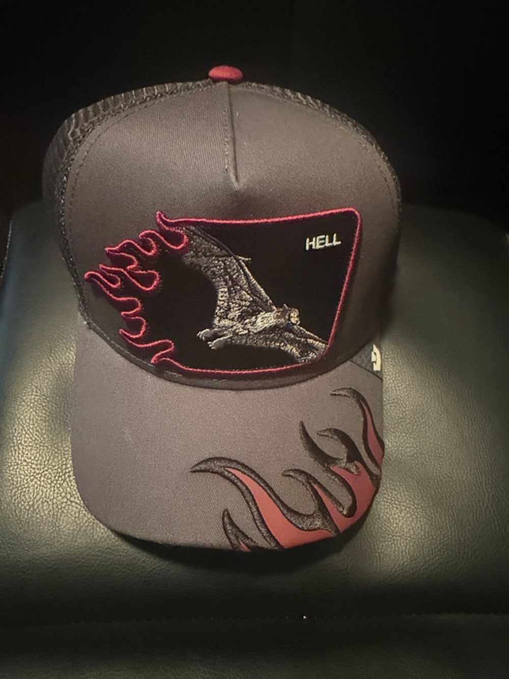 Goorin Bros Two-Tone Trucker Hat in Burgundy and Charcoal "hell"